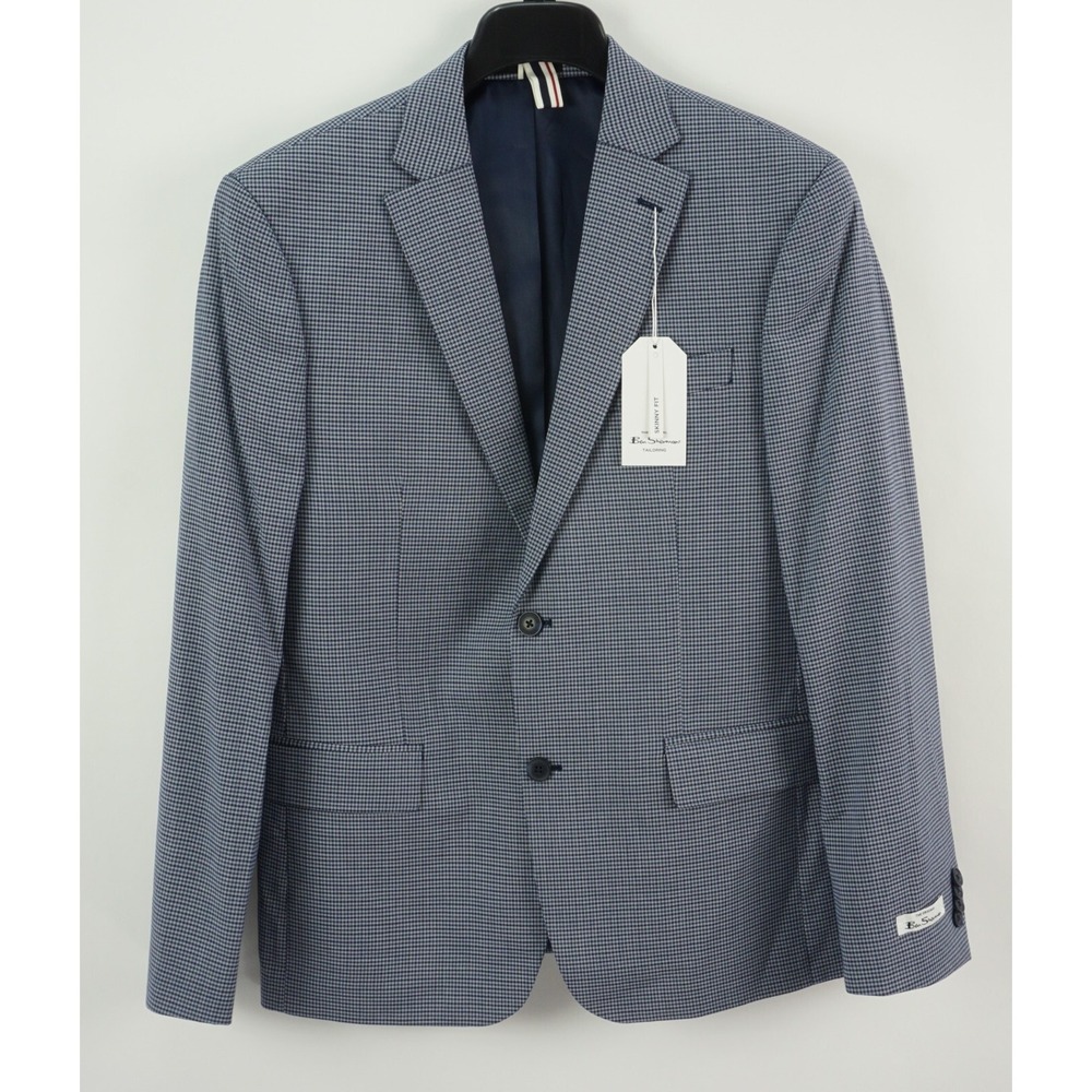 New $360 Ben Sherman Men's 42L Blue Woven Check Stretch Vented Notch Suit Jacket